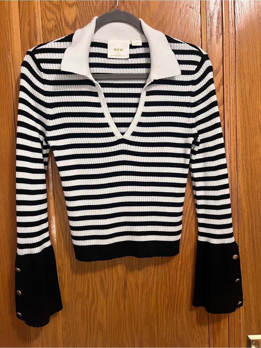 MAEVE Striped Ribbed V-Neck Sweater Bell Sleeves SZ M